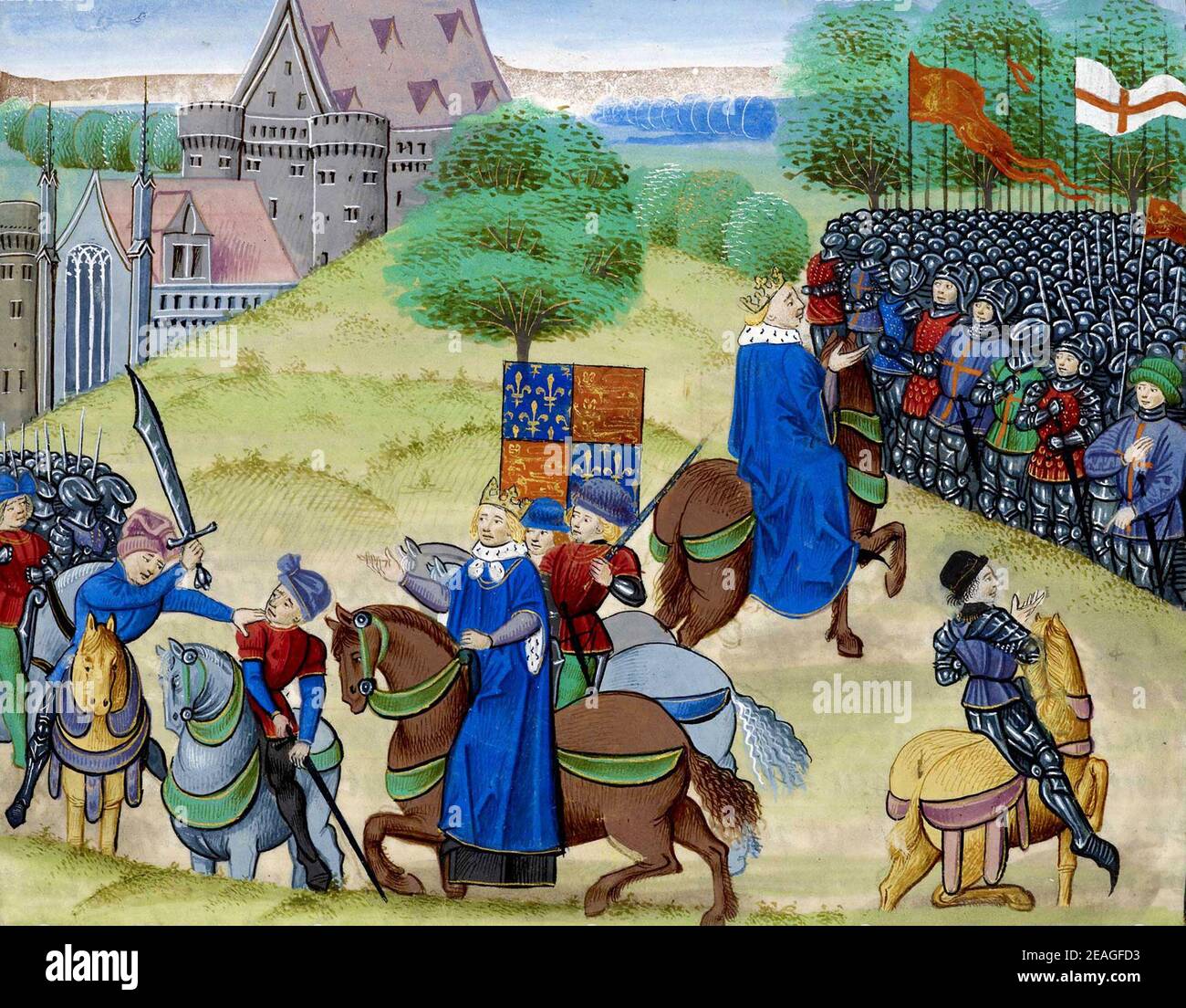 Der Tod von Wat Tyler, Walter 'Wat' Tyler (1341 – 1381) Führer des Bauernaufstandes von 1381 in England. Er marschierte eine Gruppe von Rebellen von Canterbury nach London, um sich gegen die Einführung einer Umfragesteuer zu wehren und wirtschaftliche und soziale Reformen zu fordern. Während die kurze Rebellion genossen frühen Erfolg, Tyler wurde von Offizieren loyal zu König Richard II während der Verhandlungen in Smithfield, London getötet. Stockfoto