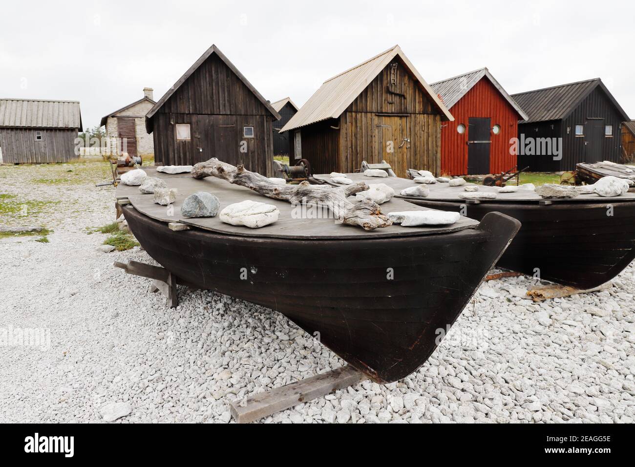 Blick auf die alte Helgumannens Fischerstation auf der Insel Faro in der schwedischen Provinz Gotland. Stockfoto
