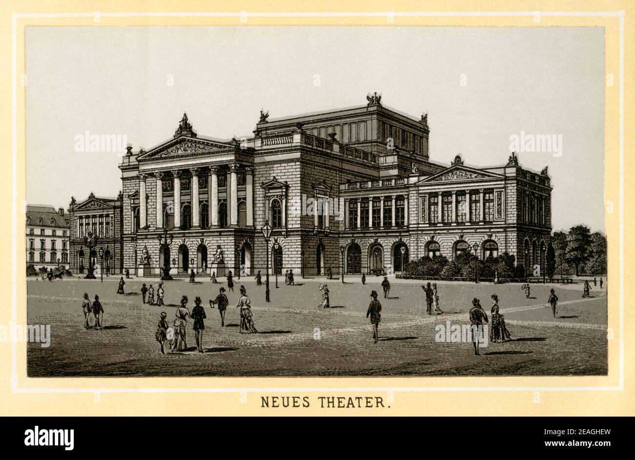 Europa, Deutschland, Sachsen, Leipzig, Augustusplatz, Neues Theater, Lithographie aus dem Leporello : ' Album von Leipzig ' , Verlag : Carl Garten, Leipzig, wahrscheinlich herausgegeben in den 1880 - 1890er Jahren . / Europa, Deutschland, Sachsen, Leipzig, Neues Theater, Lithographie aus dem Leporello: 'Album von Leipzig' (Heft aus Leipzig), Verlag: Carl Garte, Leipzig, wohl erschienen um 1880th - 1890th. Stockfoto