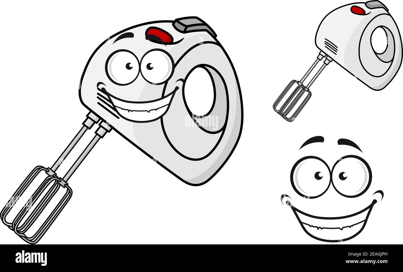 Lächelnd glücklich tragbarer elektrischer Eierquirl mit einem Quirl-Aufsatz, Karikatur-Illustration Stock Vektor