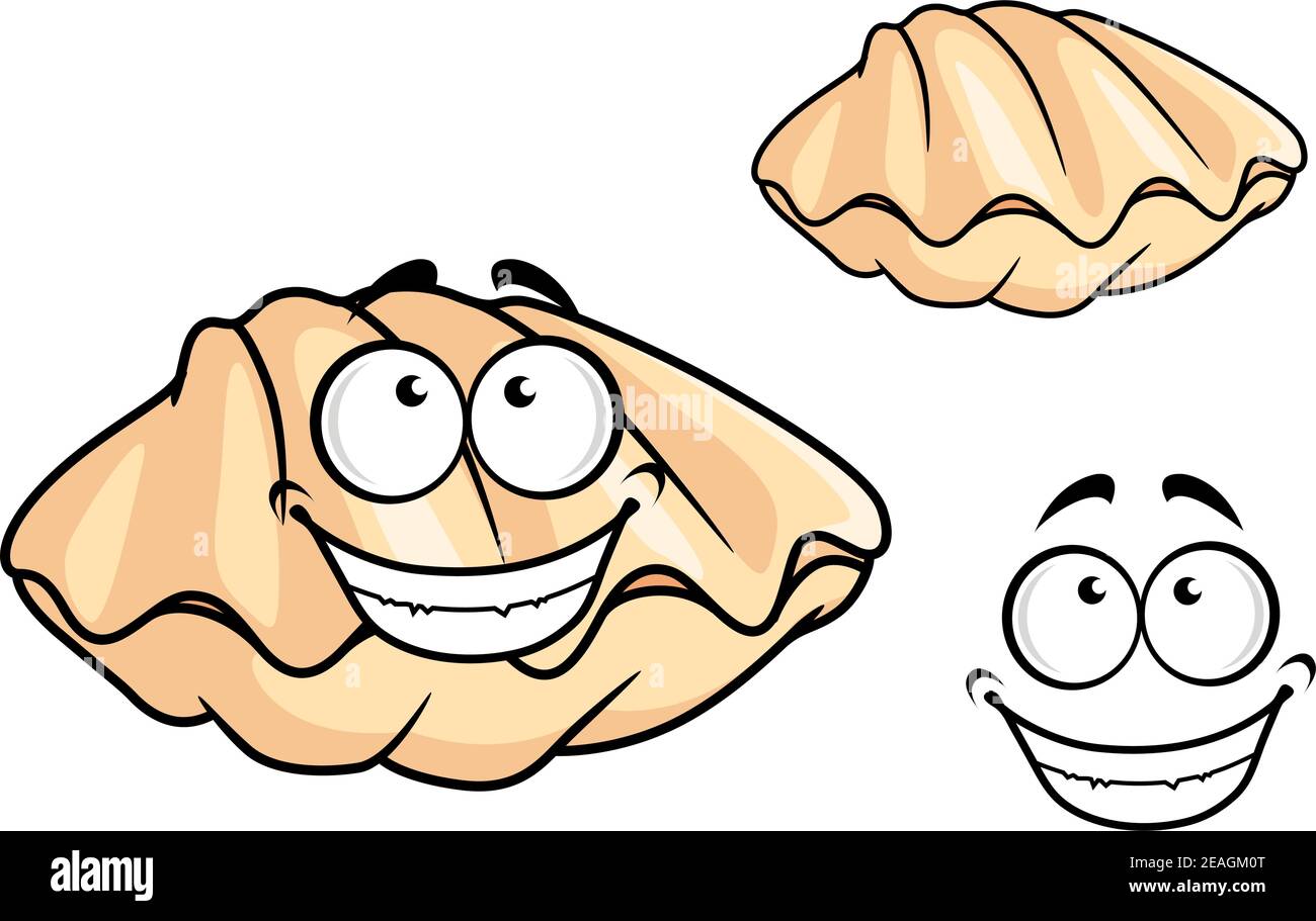 Cartoon Muschel Muschel oder Muschel mit einem glücklichen toothy Lächeln Isoliert auf Weiß für Meeresfrüchte-Design Stock Vektor