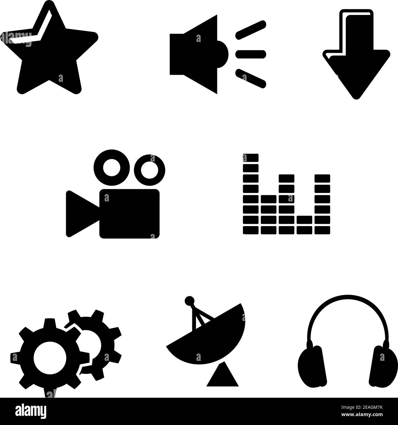 Multimedia-Symbole mit Satelliten-, Ton-, Film-, Getriebe-, Audio-, Stern-  und Download-Elementen Stock-Vektorgrafik - Alamy