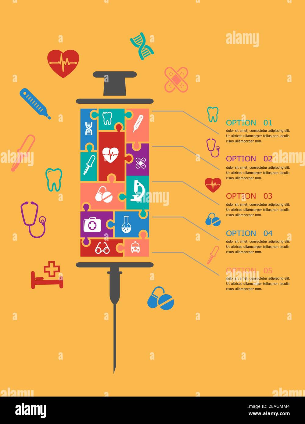 Medizin und Gesundheitswesen Infografik Elemente mit Text und Optionen zu Die rechte und eine hypodermische Spritze, bestehend aus einem Sortiment von bunten medizinischen Stock Vektor