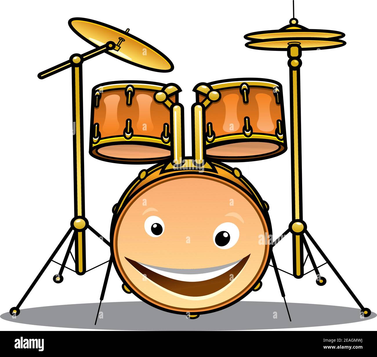 Set von Trommeln und Becken für eine Band mit einem glücklich lächelnden Trommel im Vordergrund, Cartoon-Illustration isoliert auf weiß Stock Vektor