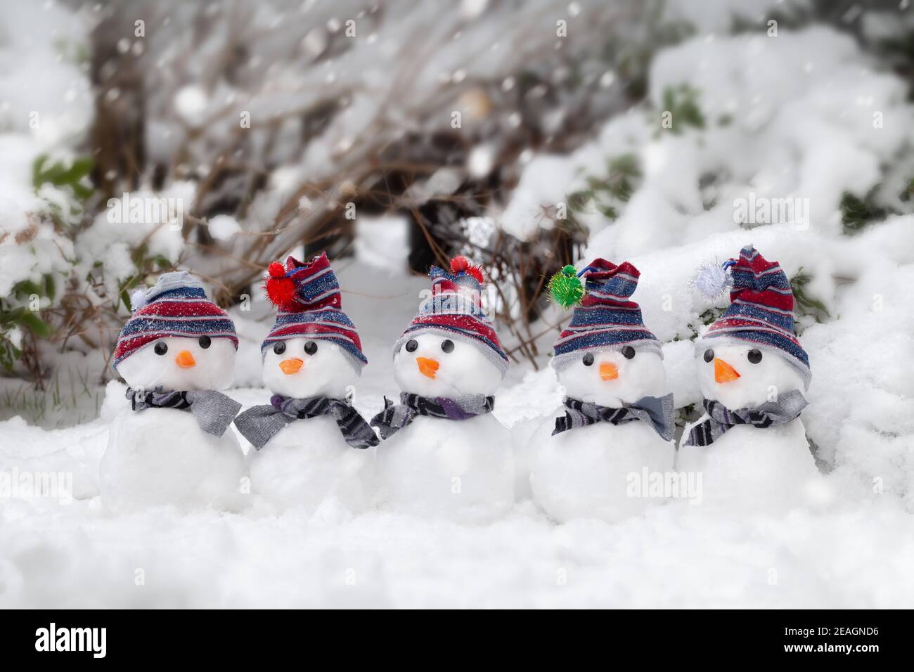 Fünf kleine niedliche Schneemänner in Hüten und Schals saßen im Winter im Schnee. Kaltes und eiskalt schnickendes Wetter. Weihnachten Urlaub Hintergrund Stockfoto