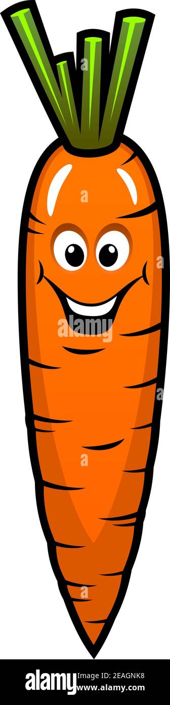 Frisches orangefarbenes Karottengemüse mit einem lächelnden Gesicht und einem grünen Büschel auf der Oberseite, Karikatur-Illustration Stock Vektor