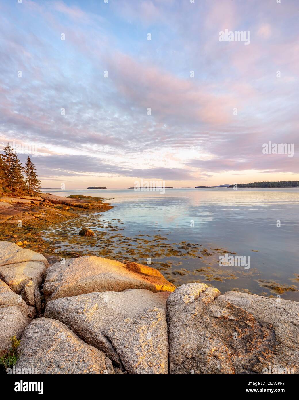 Deer Isle, Maine: Farbenprächtiger Sonnenuntergang entlang der Küste der Jericho Bay Stockfoto