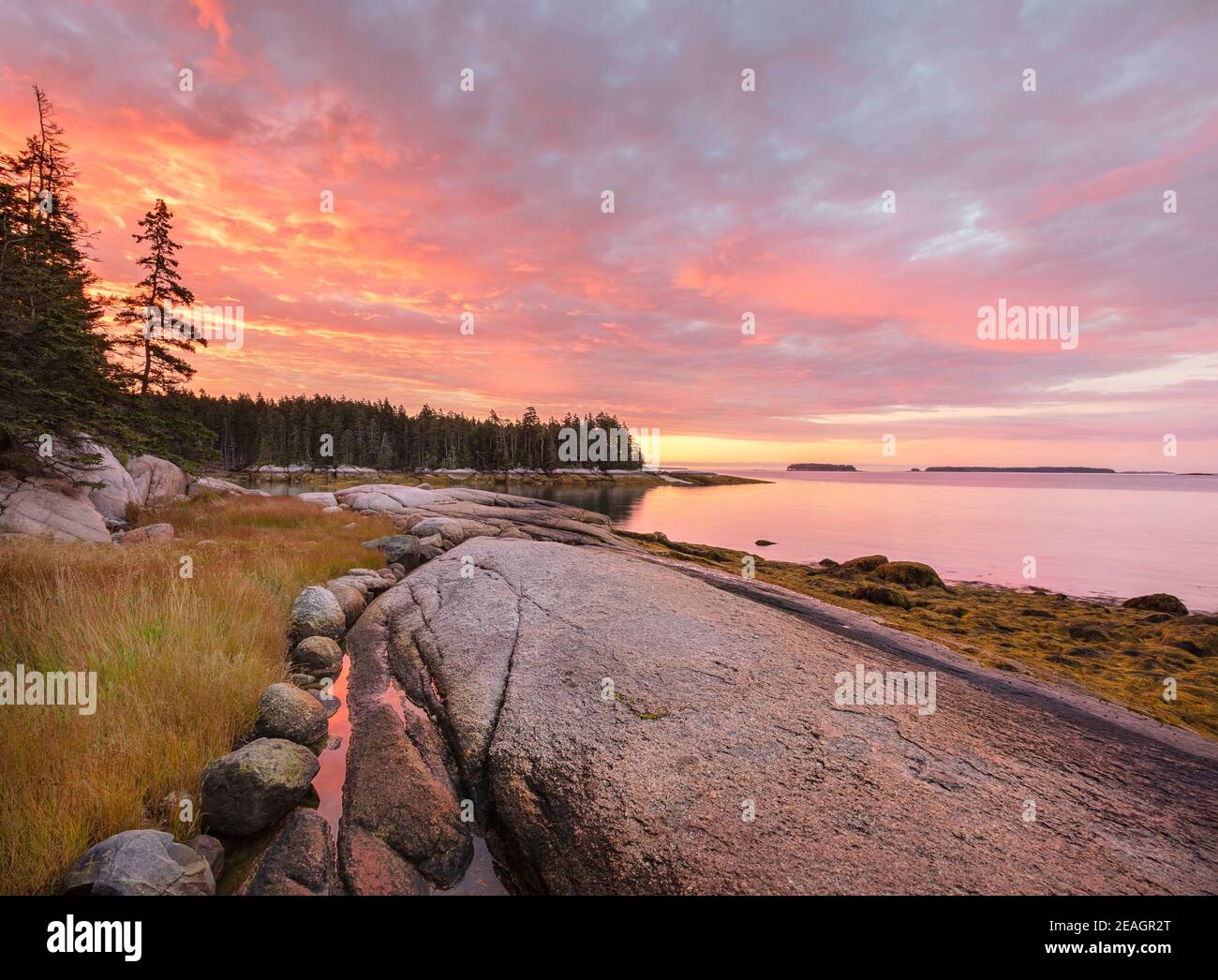 Deer Isle, Maine: Farbenfroher Sonnenaufgang an der Küste der Jericho Bay Stockfoto