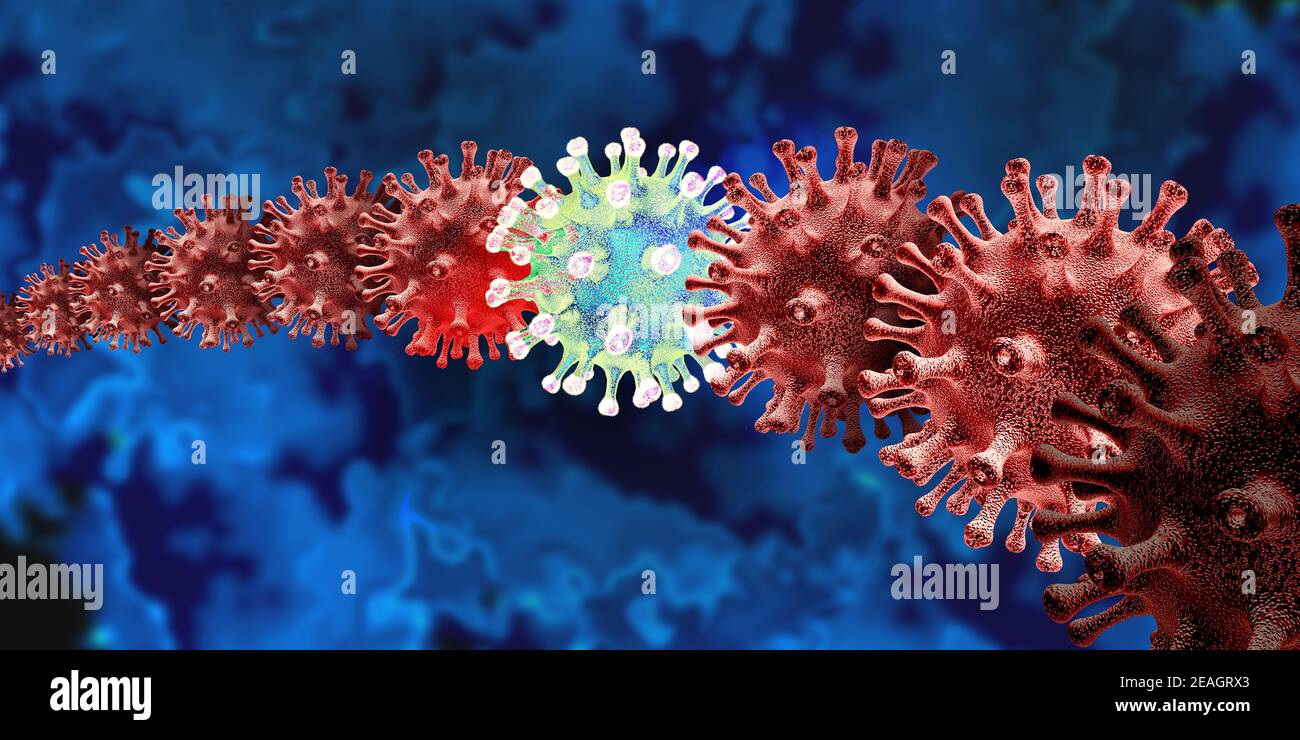 Neue Variante und mutierendes Viruskonzept und neues Coronavirus b,1.1,7 Ausbruch oder Covid-19-Viruszellmutation und Influenza-Hintergrund als Gefährliche Grippe Stockfoto