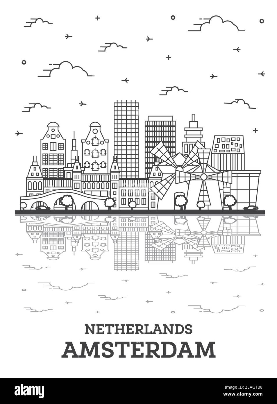 Skizzieren Sie Amsterdam Niederlande City Skyline mit historischen Gebäuden und Reflexionen isoliert auf Weiß. Vektorgrafik. Amsterdamer Stadtbild Stock Vektor