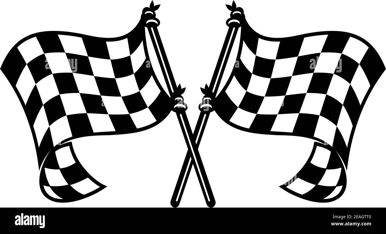 Schwarz-weiß karierte Motorsport Fahnen Curling in der Brise mit gekreuzten Fahnenmasten Stock Vektor