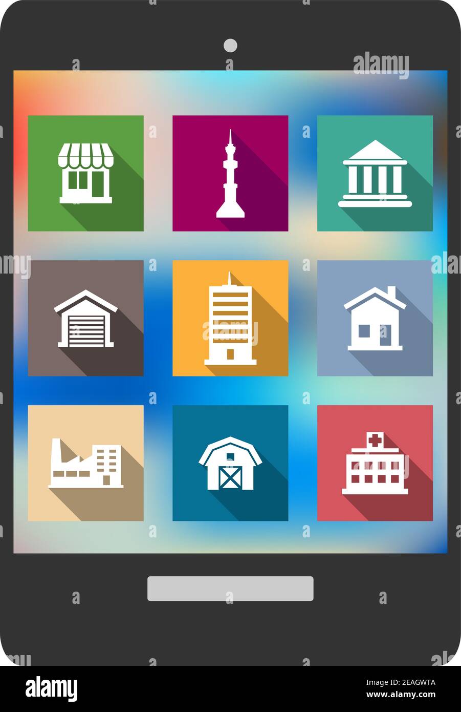 Architektonische flache Ikonen von Krankenhaus, Geschäft, Fernsehturm, Tempel, Garage, Fabrik, Wolkenkratzer, Haus und Lager auf einem Tablet-Bildschirm angezeigt Stock Vektor