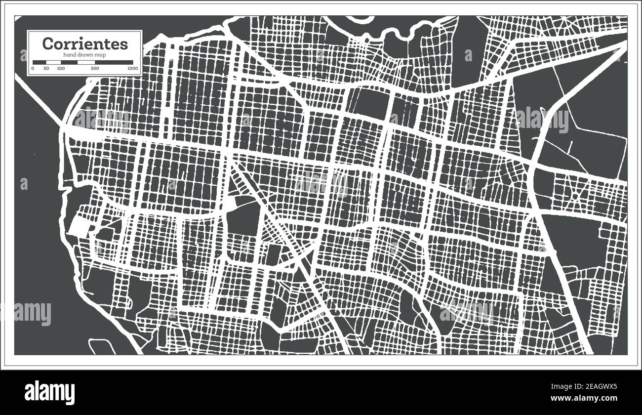 Corrientes Argentinien Stadtplan in Schwarz und Weiß Farbe im Retro-Stil. Übersichtskarte. Vektorgrafik. Stock Vektor Corrientes Argentinien Stadtplan in Schwarz und Weiß Farbe im Retro-Stil. Übersichtskarte. Vektorgrafik. Stock Vektor
