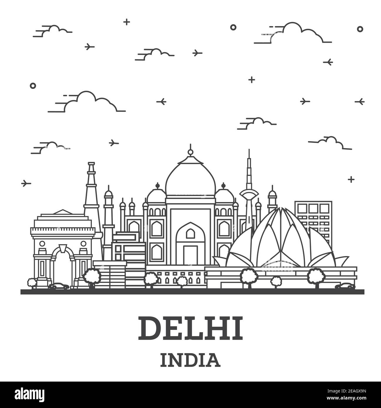 Umrisse Delhi Indien Skyline der Stadt mit historischen Gebäuden isoliert auf Weiss. Vector Illustration. Delhi Stadtbild mit Sehenswürdigkeiten. Stock Vektor