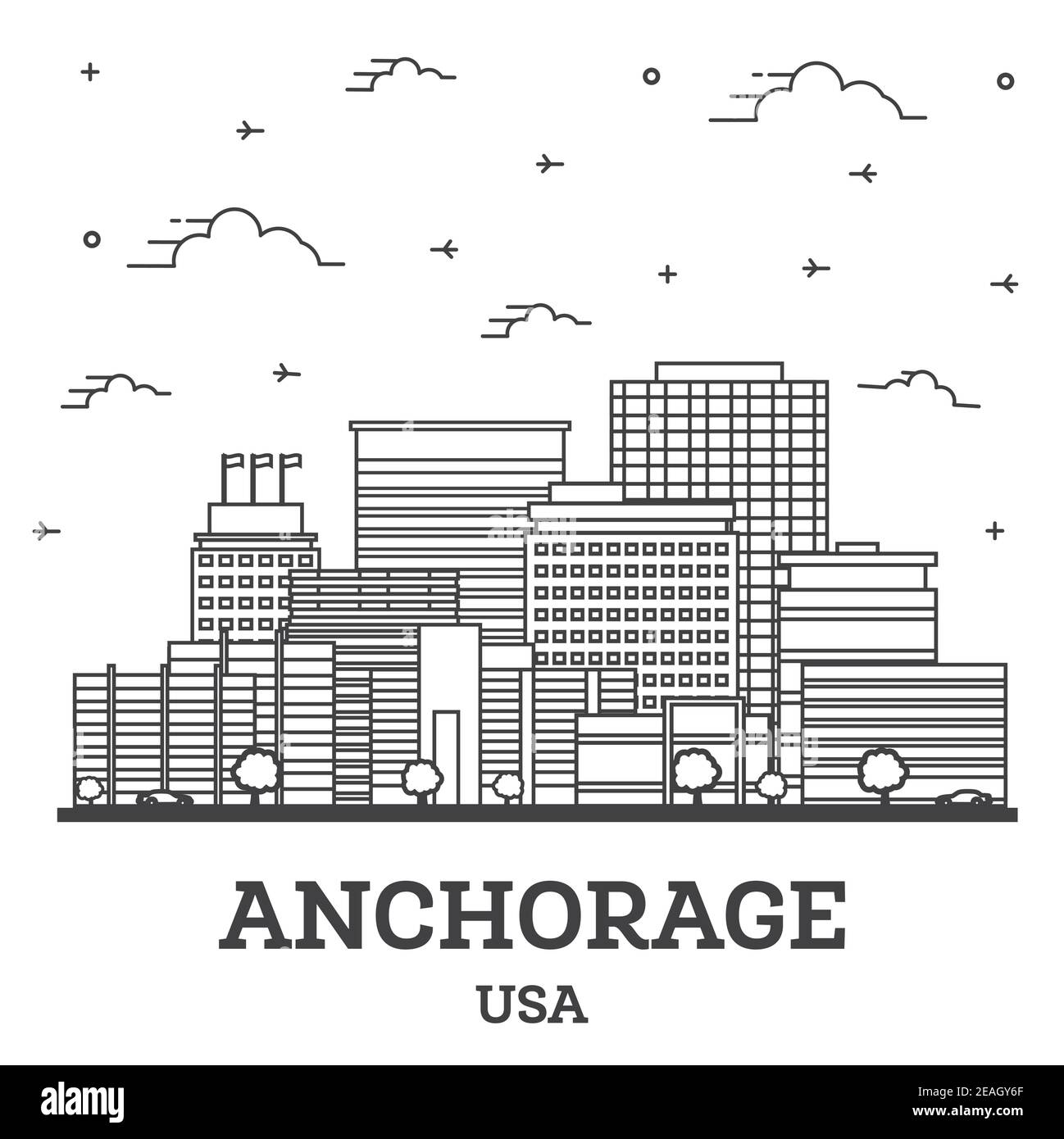 Gliederung Anchorage Alaska USA City Skyline mit modernen Gebäuden isoliert auf White. Vektorgrafik. Anchorage USA Stadtbild mit Wahrzeichen. Stock Vektor