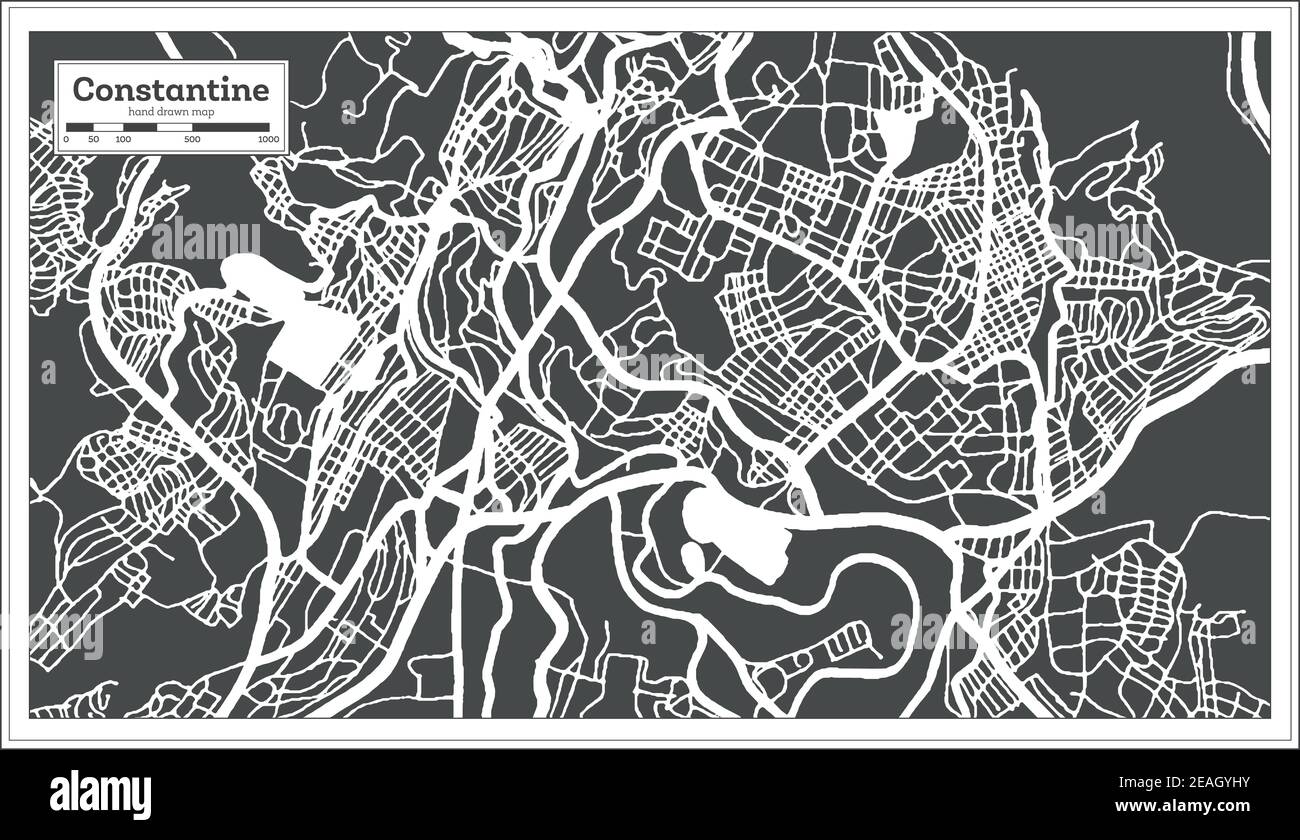 Constantine Algerien Stadtplan in Schwarz und Weiß Farbe im Retro-Stil. Übersichtskarte. Vektorgrafik. Stock Vektor