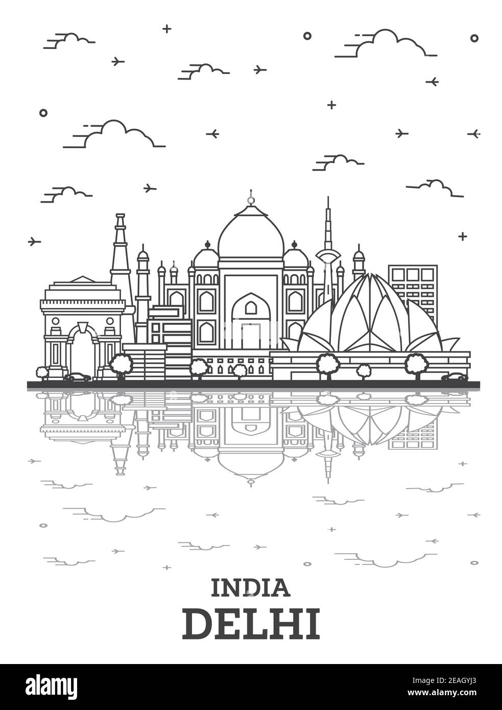 Umrisse Delhi Indien Skyline der Stadt mit historischen Gebäuden und Reflexionen isoliert auf Weiss. Vector Illustration. Delhi Stadtbild mit Sehenswürdigkeiten. Stock Vektor