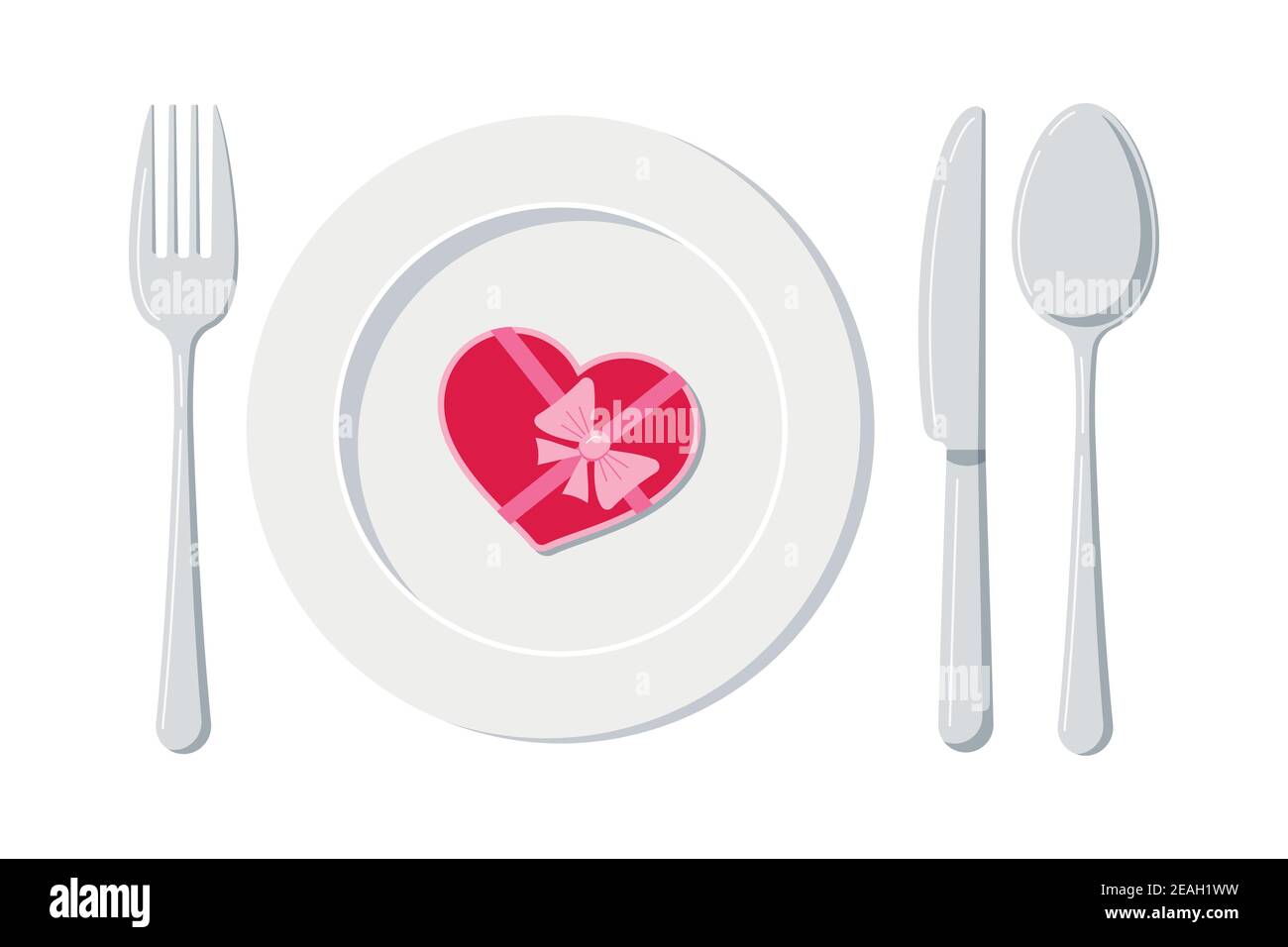 Abendessen am Valentinstag - Geschenk auf weißem Teller mit Löffel, Messer und Gabel isoliert auf weißem Hintergrund. Stock Vektor