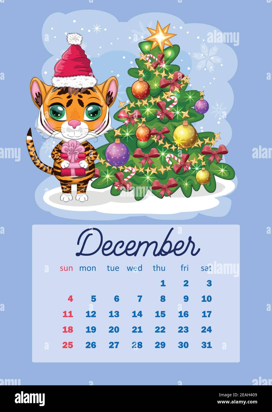 Niedlicher Tiger. Wandkalender Design-Vorlage für 2022, Jahr des Tigers nach dem chinesischen Kalender, A4-Format. Die Woche beginnt am Sonntag Stock Vektor