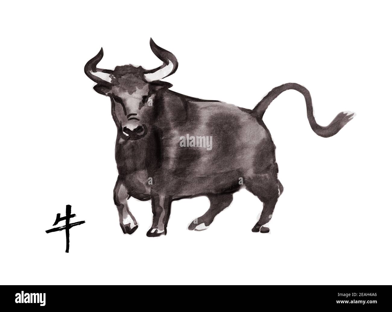 Toro bravo Bull, Vektor-Sumi-e-Illustration. Orientalische Tinte waschen Malerei . Symbol für das östliche Neujahr des Ochsen. Stock Vektor