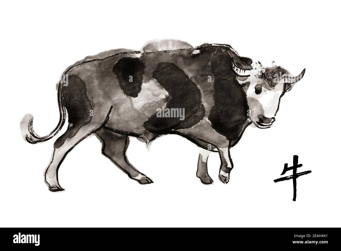 Walking Bull, Vektor-Sumi-e-Illustration. Orientalische Tinte waschen Malerei . Symbol für das östliche Neujahr des Ochsen. Stock Vektor