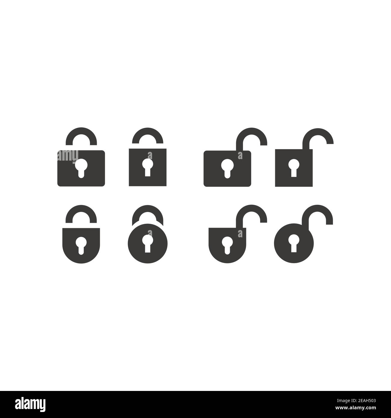 Schwarzer Vektor-Symbolsatz für Vorhängeschloss. Symbole für offenes und geschlossenes, gesperrtes und entriegeltes Vorhängeschloss. Stock Vektor