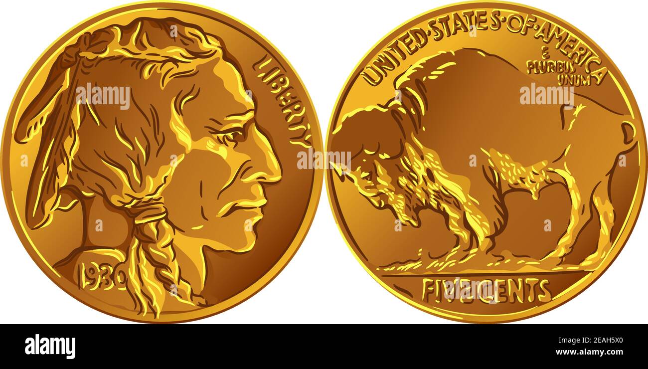 Amerikanisches Kupfer-Nickel-Geld, Buffalo Nickel 5 Cent Münze, Vorderseite mit indischem Kopf, Rückseite mit amerikanischem Bison Stock Vektor