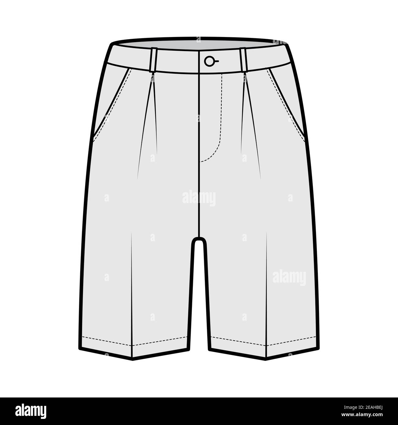 Kurze Bermuda-Kleid Hose technische Mode Illustration mit über-die-Knie-Länge, Single Falte, niedrige Taille, Bund, Gesäßtasche. Flat Walking Bottom vorne, graue Farbe. Frauen, Männer CAD-Modell Stock Vektor