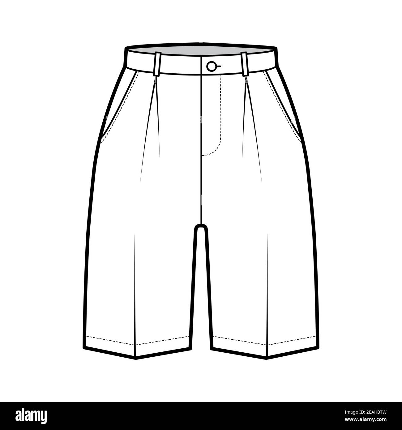 Kurze Bermudakleid Hose technische Mode-Illustration mit über-die-Knie-Länge, Single Falte, normale Taille, hoher Bund. Flat Walking Bottom vorne, weiß Farbe Stil. Frauen, Männer CAD-Modell Stock Vektor
