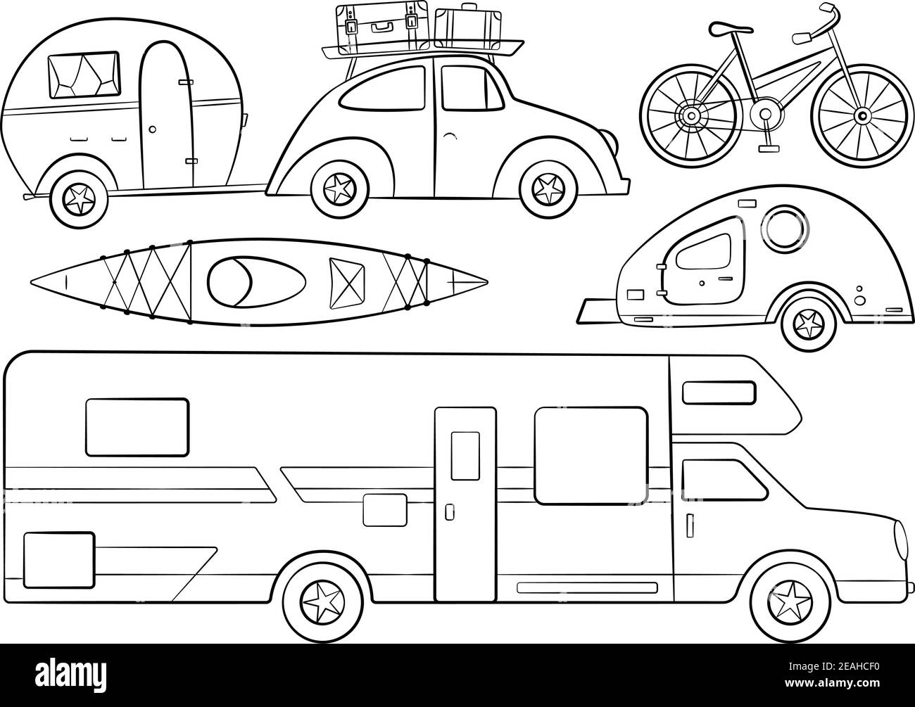 Skizzenanhänger für Camping-Tourismus, Doodle-Set von Transport für Freizeit und Abenteuer, Doodle Fahrrad und Kanu. Vektorgrafik Stock Vektor