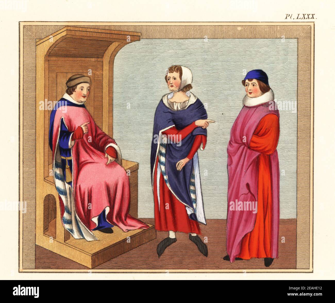 Richter in roten Roben mit Kragen von Essen aus f,232, Guyart des Moulins Bibel historiale, Royal MS 15 D III. Rechtsanwalt in Koif Kopfschmuck, Tunika, von Les Grandes chroniques de France, Royal MS 16 G VI. Hochrangiger Richter aus einer Krönungsszene, f,364r, Grandes Chroniques de France, Douce MS 217. Rechtsgewohnheiten des 14th. Jahrhunderts. Handkolorierter Stich von Joseph Strutt aus seiner vollständigen Ansicht des Kleides und der Gewohnheiten der Menschen von England, Henry Bohn, London, 1842. Stockfoto