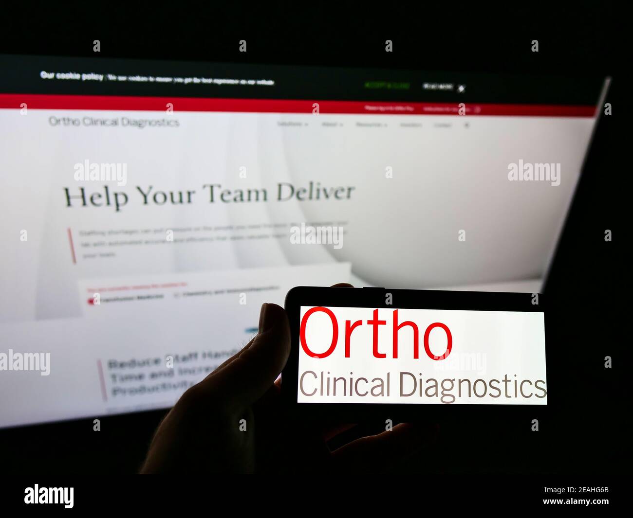 Person hält Handy mit Logo der amerikanischen Firma Ortho Clinical Diagnostics auf dem Bildschirm vor der Business-Webseite. Konzentrieren Sie sich auf die Telefonanzeige. Stockfoto