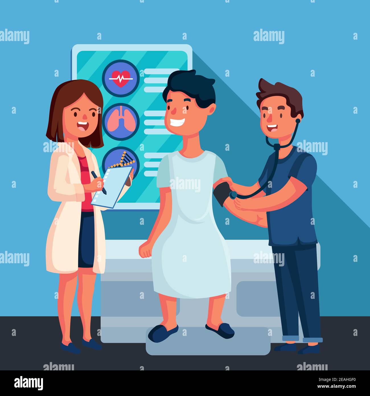 Handgezeichneter Arzt untersucht einen Patienten illustrierte Vektordarstellung. Stock Vektor