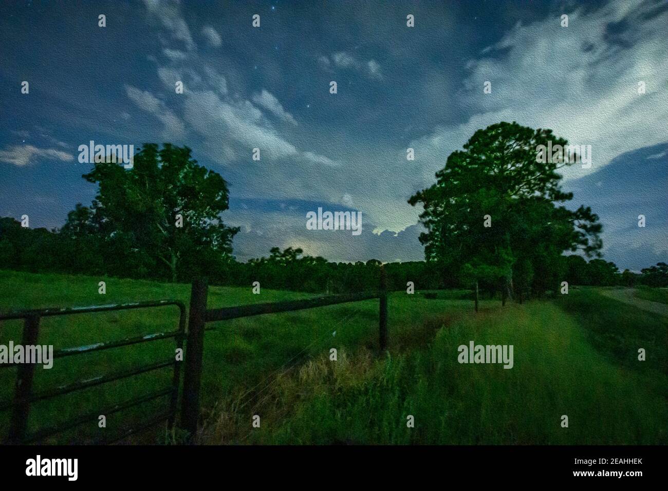 Land Hintergrund einer Weide und Zaun in der Nacht in einem Malstil der digitalen Verarbeitung getan. Stockfoto