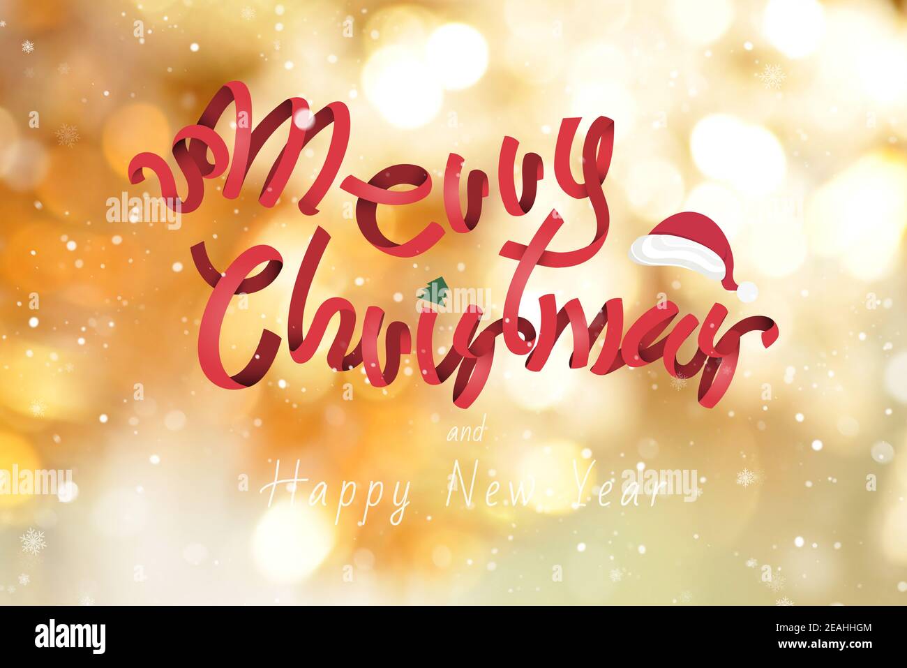 Rotes Band fröhlicher Weihnachtstext und glückliches neues Jahr Glänzendes goldenes Bokeh Hintergrund Stockfoto