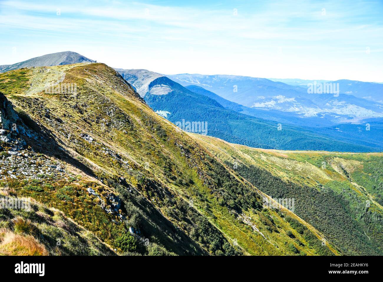 Blick beim Klettern auf den Berg Hoverla. Blick auf die Berge, Wälder und Wolken. Ukrainische Karpaten. Blauer Himmel. Naturlandschaft Stockfoto