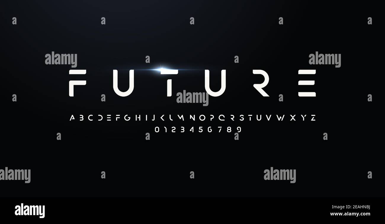 Schriftart im Future Style, fette Buchstaben und Zahlen. Futuristischer Design-Typ für modernes Logo. Minimalistische Vektortypografie für digitale Geräte und hud-Grafiken Stock Vektor