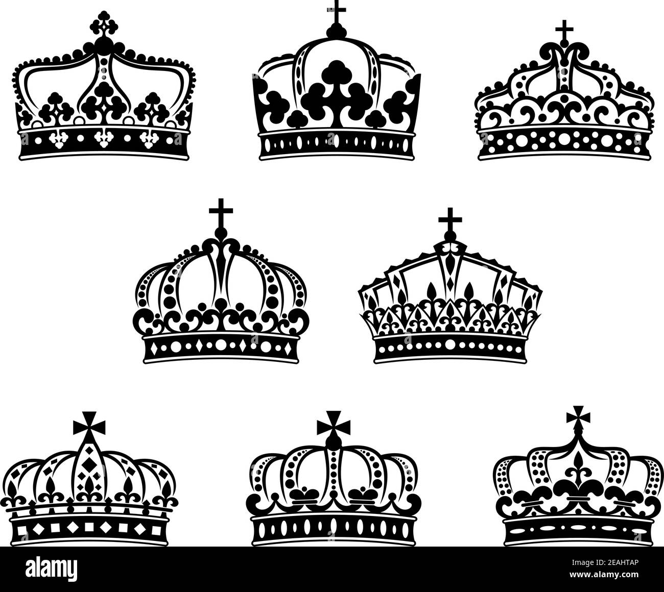 König und Königin Kronen Set für Heraldik und Luxus-Verschönerung Design Stock Vektor