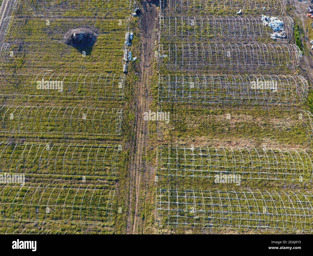 Frameworks von Gewächshäusern, Ansicht von oben. Bau von Gewächshäusern im Feld. Landwirtschaft, agrotechnics geschlossener Boden Stockfoto