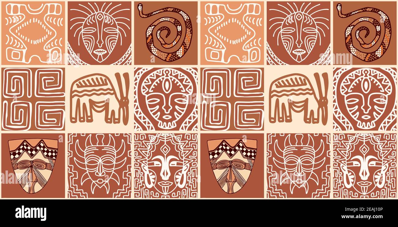 ETHNISCHES TRENDMUSTER. LACKIERUNG IN AFRIKANISCHEM STIL. MUSTER NAHTLOS AFRIKANISCH. TRADITIONELLES MUSTER. PRIMITIVE MINIMALE HANDZEICHNUNGEN. Vektorgrafik. Mode Stockfoto