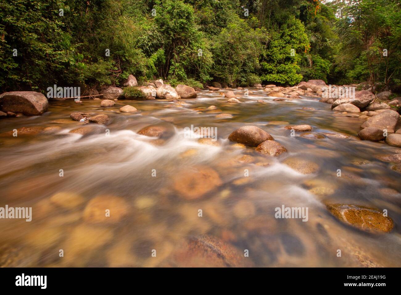 Zeitlupe Wasserfluss im Erholungswaldgebiet Sungai Sedim Stockfoto