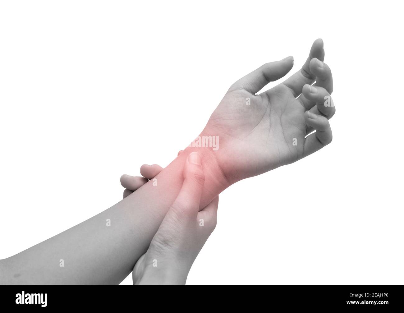 Bild von Handschmerzen. Schwarz-weiße weibliche Hand mit rot markierten Schmerzpunkten Stockfoto