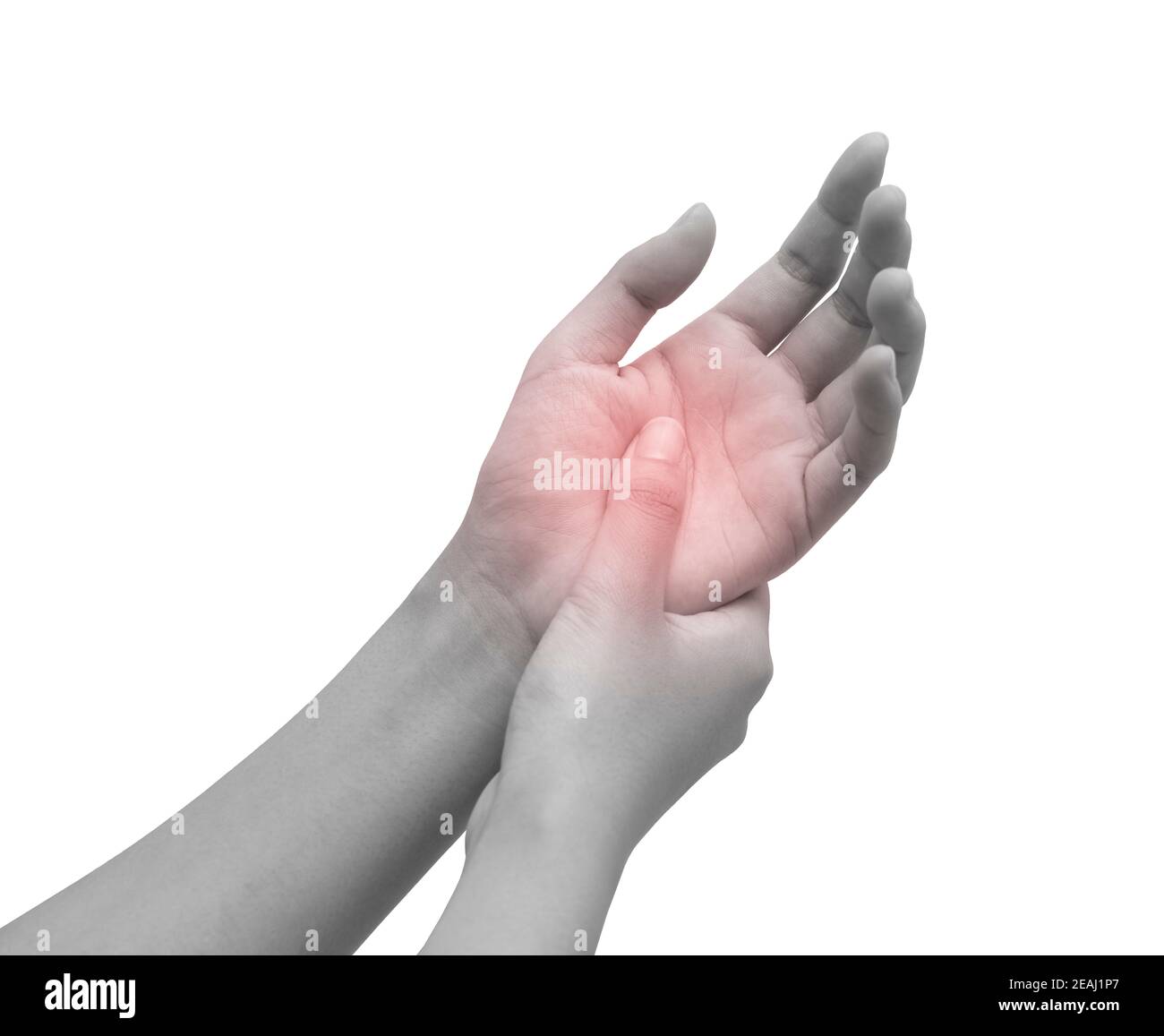 Bild von Handschmerzen. Schwarz-weiße weibliche Hand mit rot markierten Schmerzpunkten Stockfoto