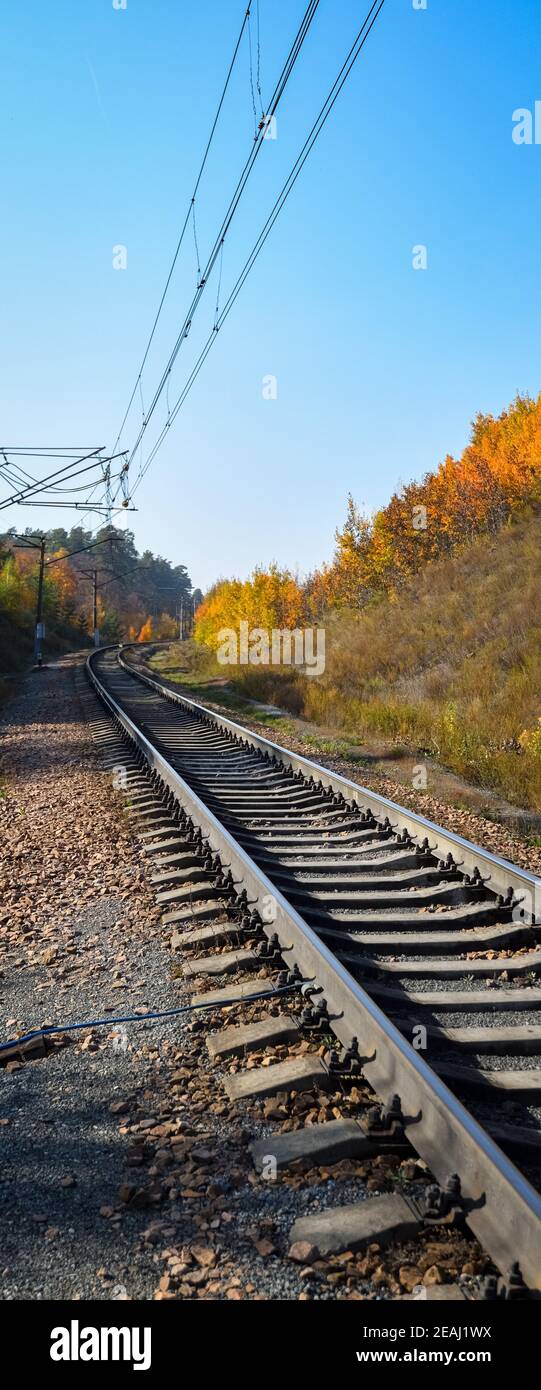 Die Bahn führt durch einen schönen Herbstwald mit bunten Bäumen. Stockfoto