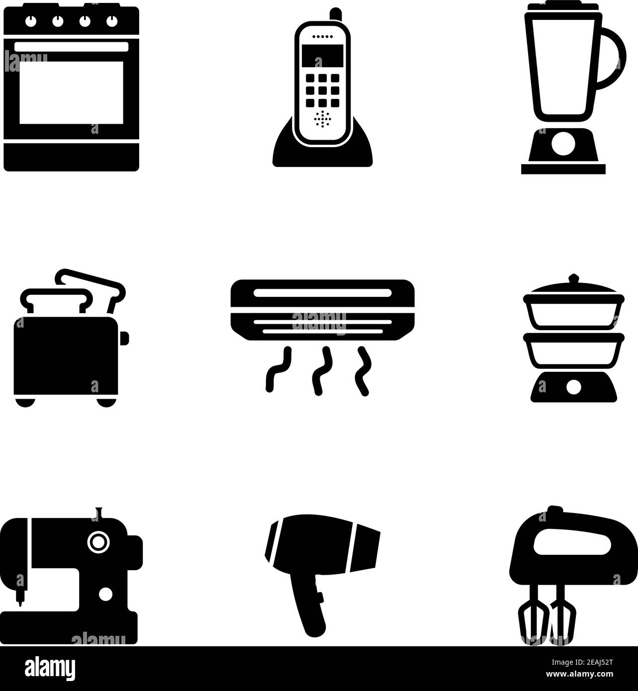 Symbole für Haushaltsgeräte mit Backofen, Telefon, Verflüssiger, Toaster, Heizung, Dampfgarer, Nähmaschine, Haartrockner und Eierbesen, schwarz-weiß vect Stock Vektor