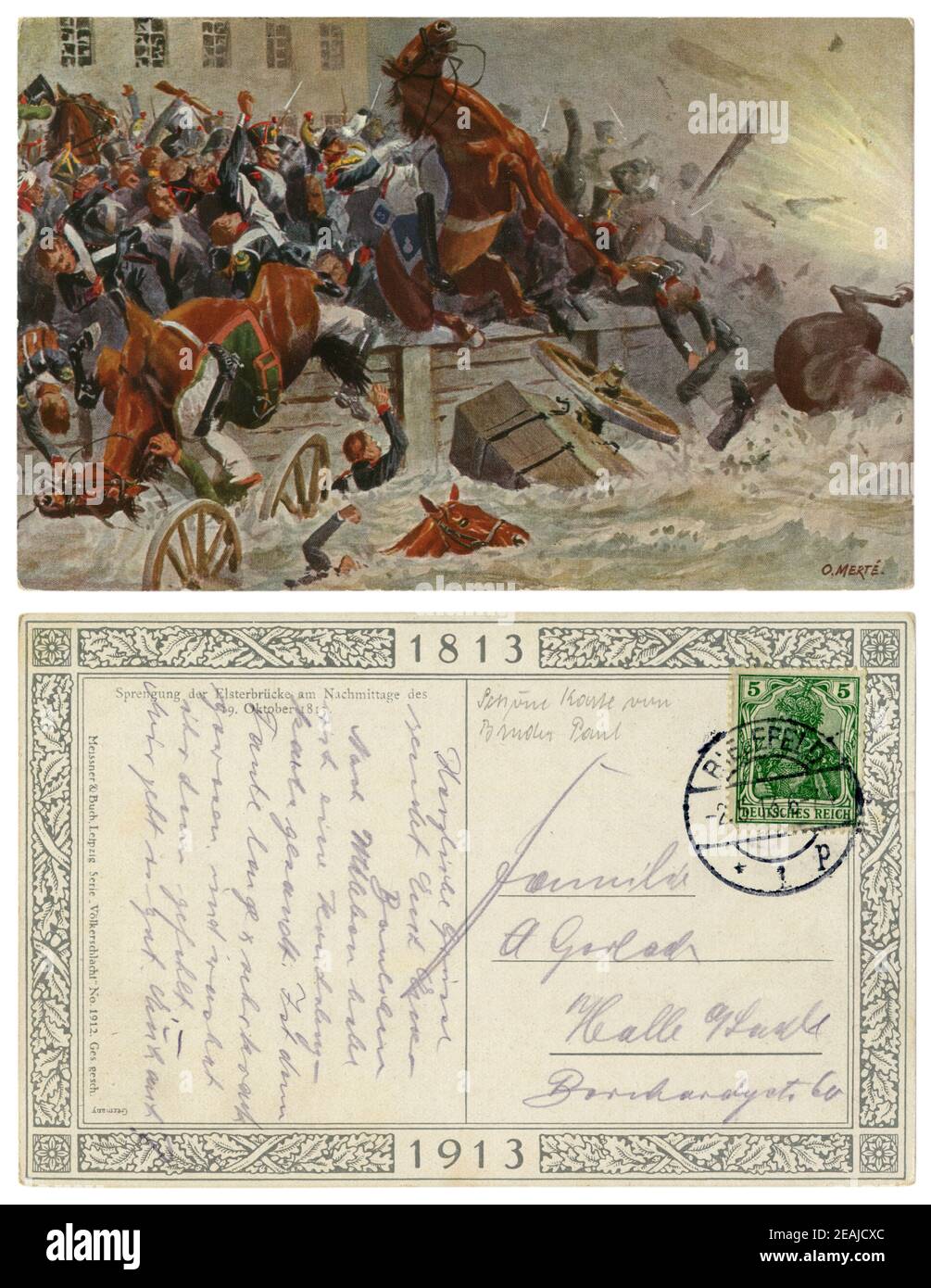 Deutsche historische Postkarte: Die Explosion der Brücke der Elster erfüllt die zurückziehenden französischen Truppen. Rückseite mit Briefmarke und Poststempel Stockfoto