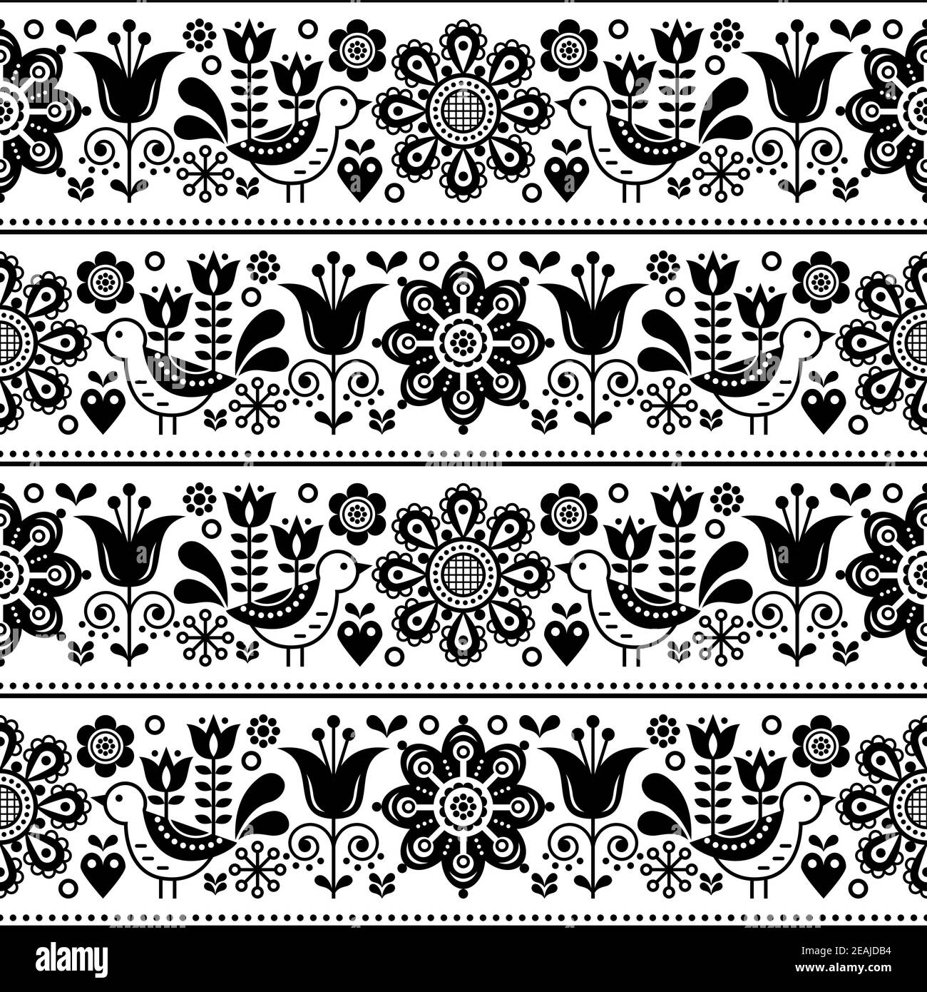 Skandinavische Volkskunst nahtlose Vektor-Design mit Blumen und Vögel, niedliche repetitive weiß und schwarz Muster Stock Vektor