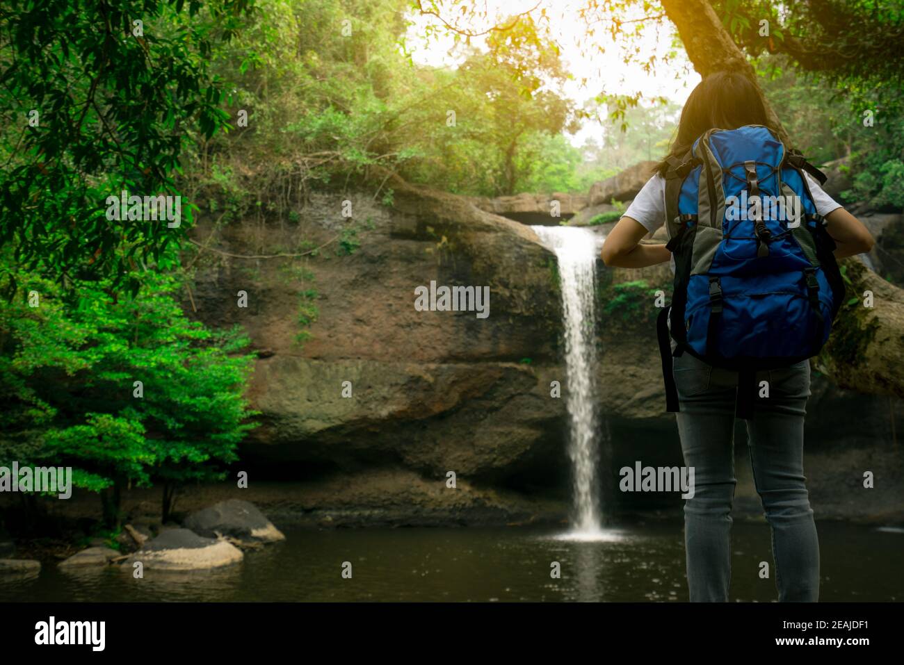 Rückansicht der asiatischen Frau mit Rucksack beobachten kleinen Wasserfall im Dschungel. Aktive Frau mit Abenteuerreise im grünen Wald. Trekking oder Wandern Mädchen. Aktivitäten im Freien. Wasserfall am Berg. Stockfoto