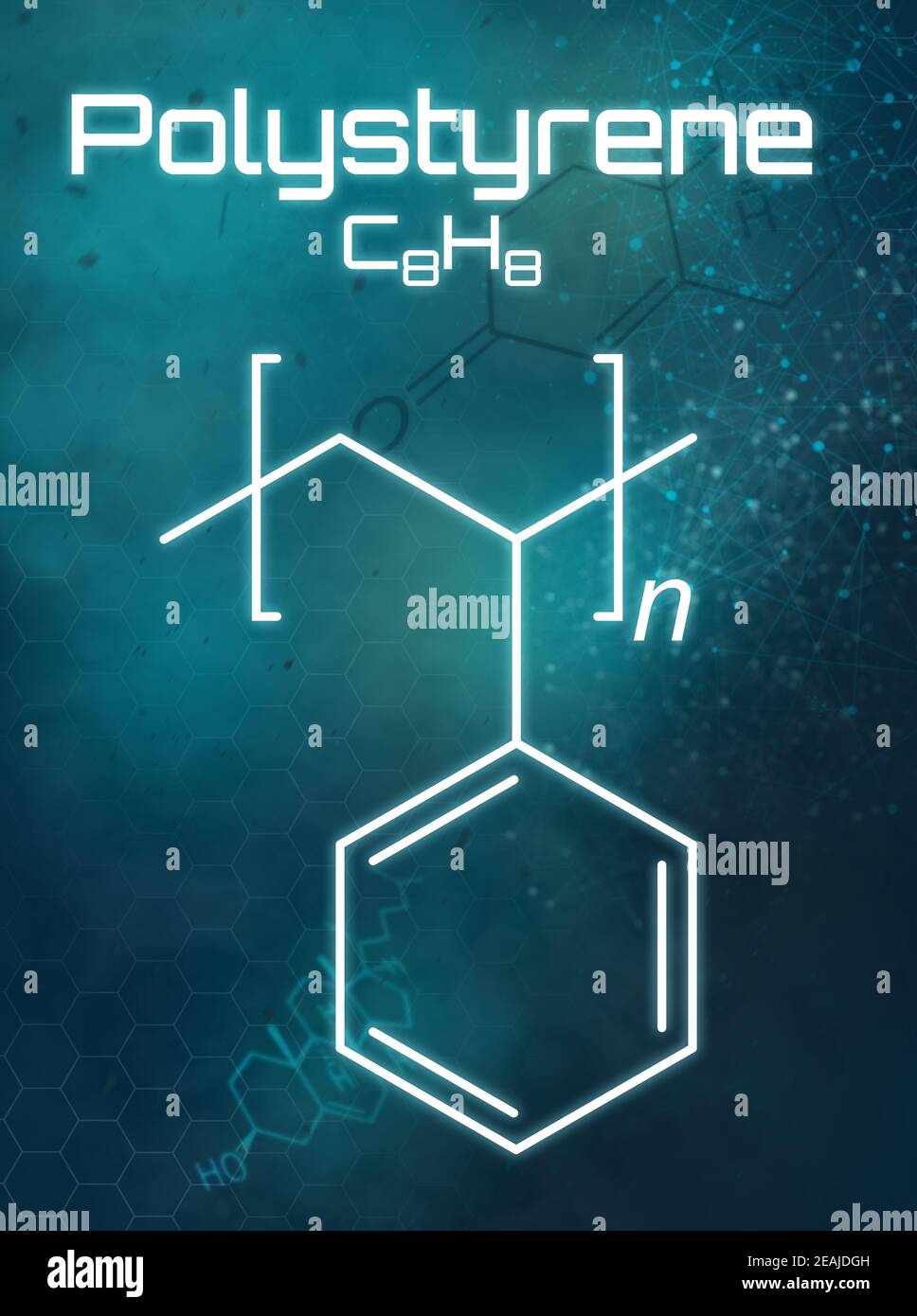 Chemische Formel von Polystyrol auf einem futuristischen Hintergrund Stockfoto