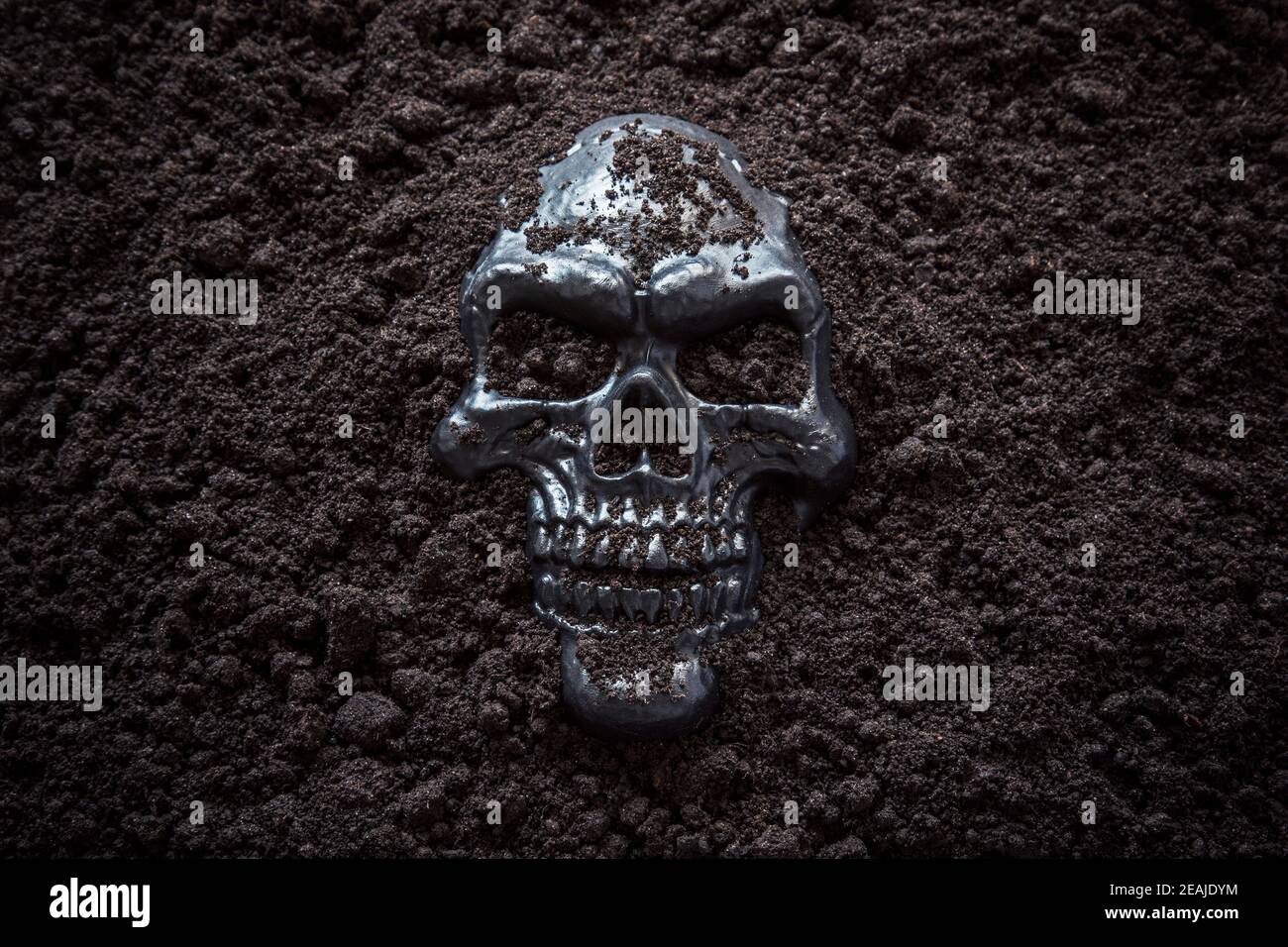 Gruseliger menschlicher Schädel in schwarzem Boden Stockfoto
